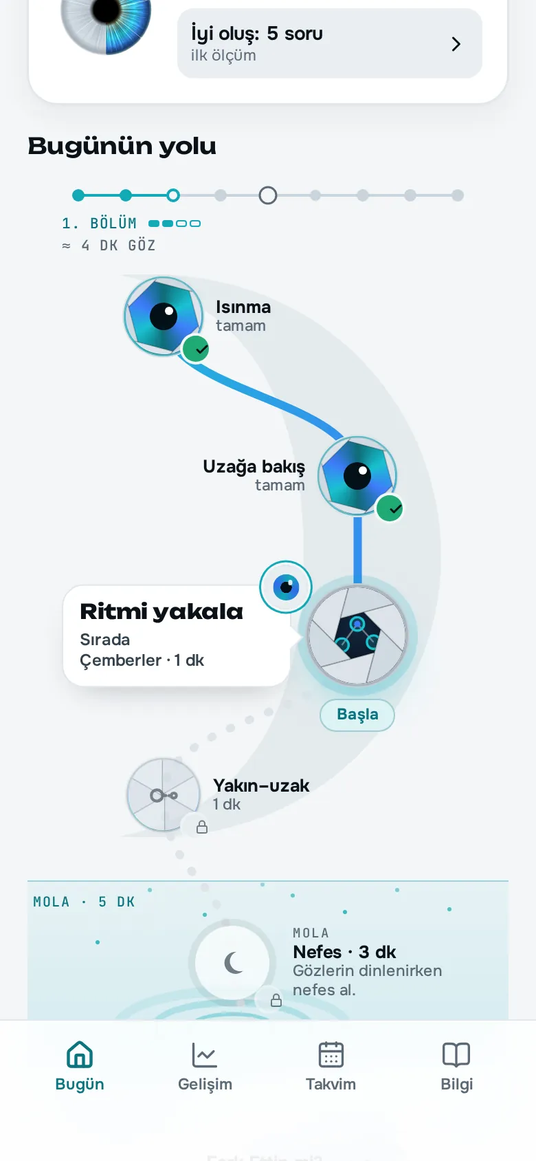 Bu, E testi olmayan bir günün yolu. Isınma ile Uzağa bakış tamam, sırada Çemberler. Sonra Yakın–uzak gelir ve birinci bölüm biter. İkinci bölümden önce 5 dakikalık bir mola gelir, ilk 3 dakikası nefesle geçer.
